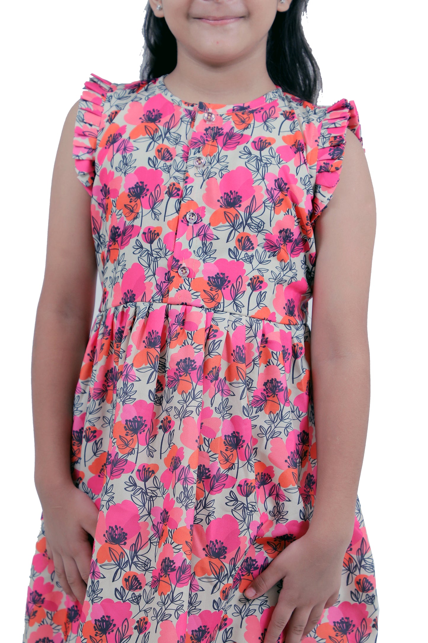 Girls Pink Floral Printed Casual Cotton Dress