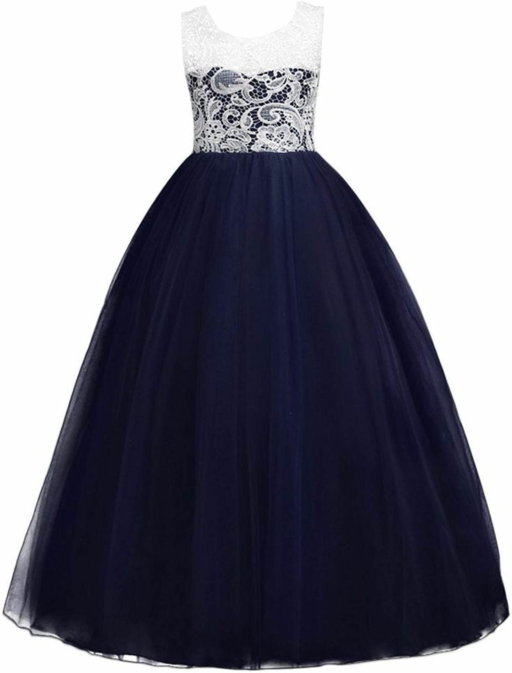 Girls Navy Blue Princess Party Gown with White Lace Bodice & Flared Tulle Skirt