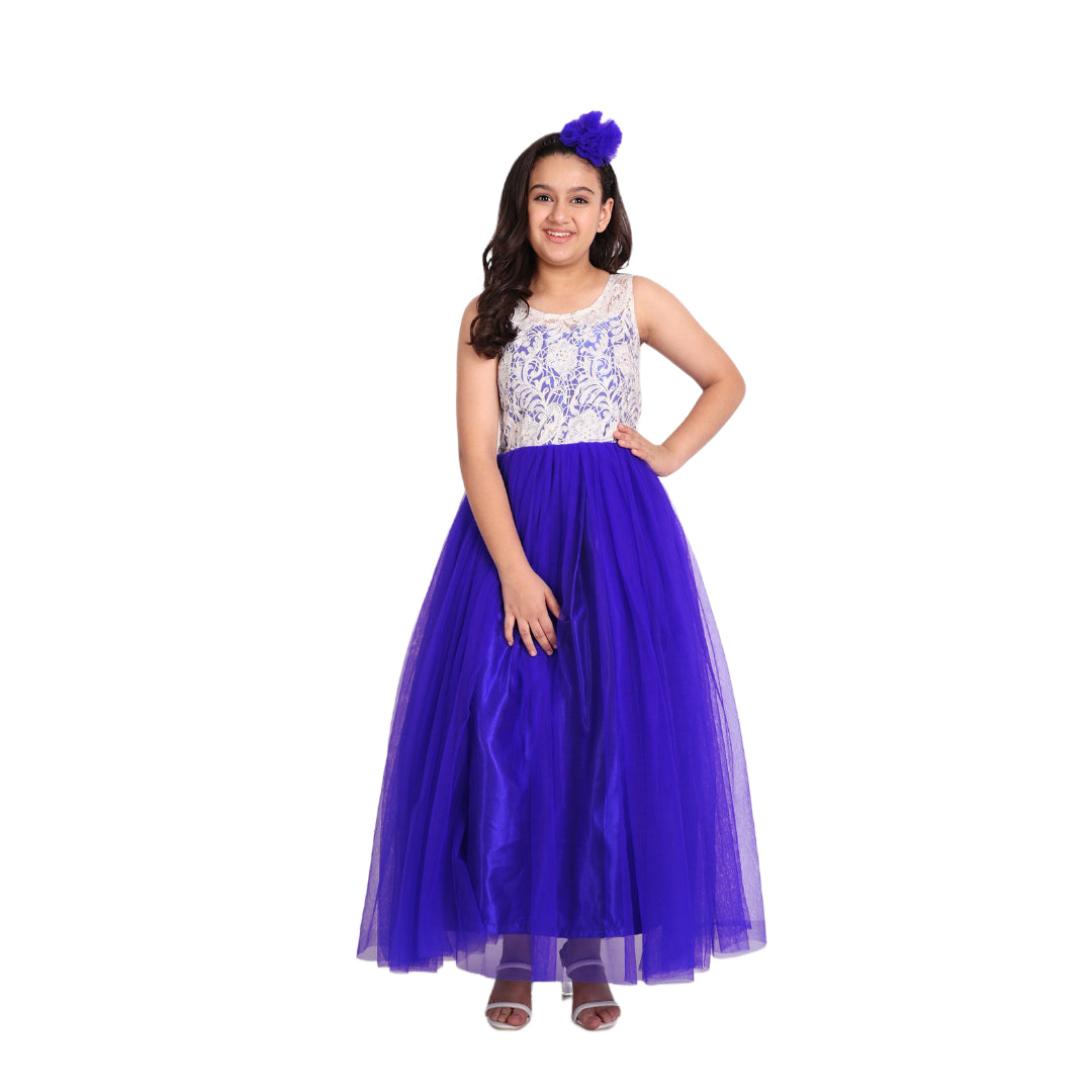 Royal Purple Party Wear Gown for Girls with Lace Embroidery