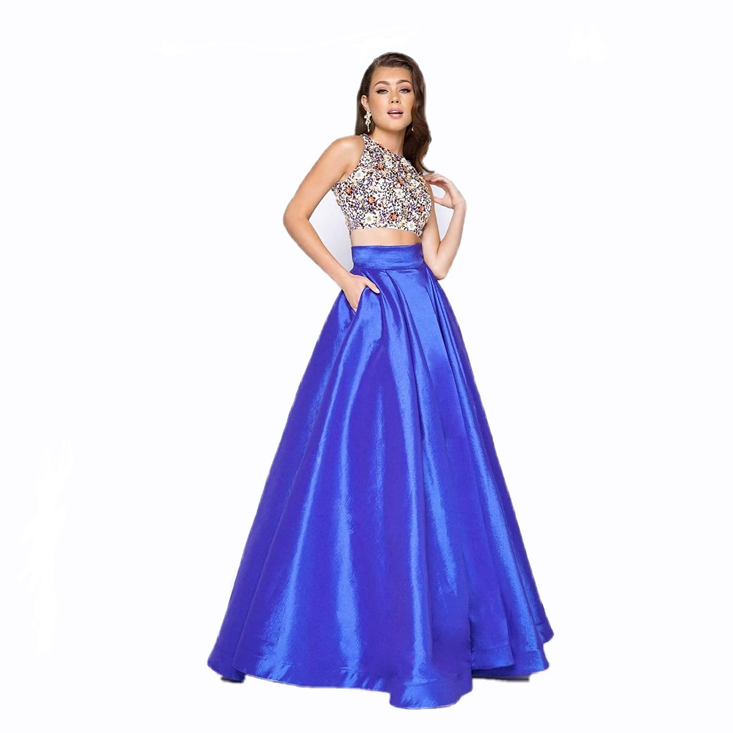 Women’s Royal Blue Satin Lehenga Skirt with Embellished Crop Top