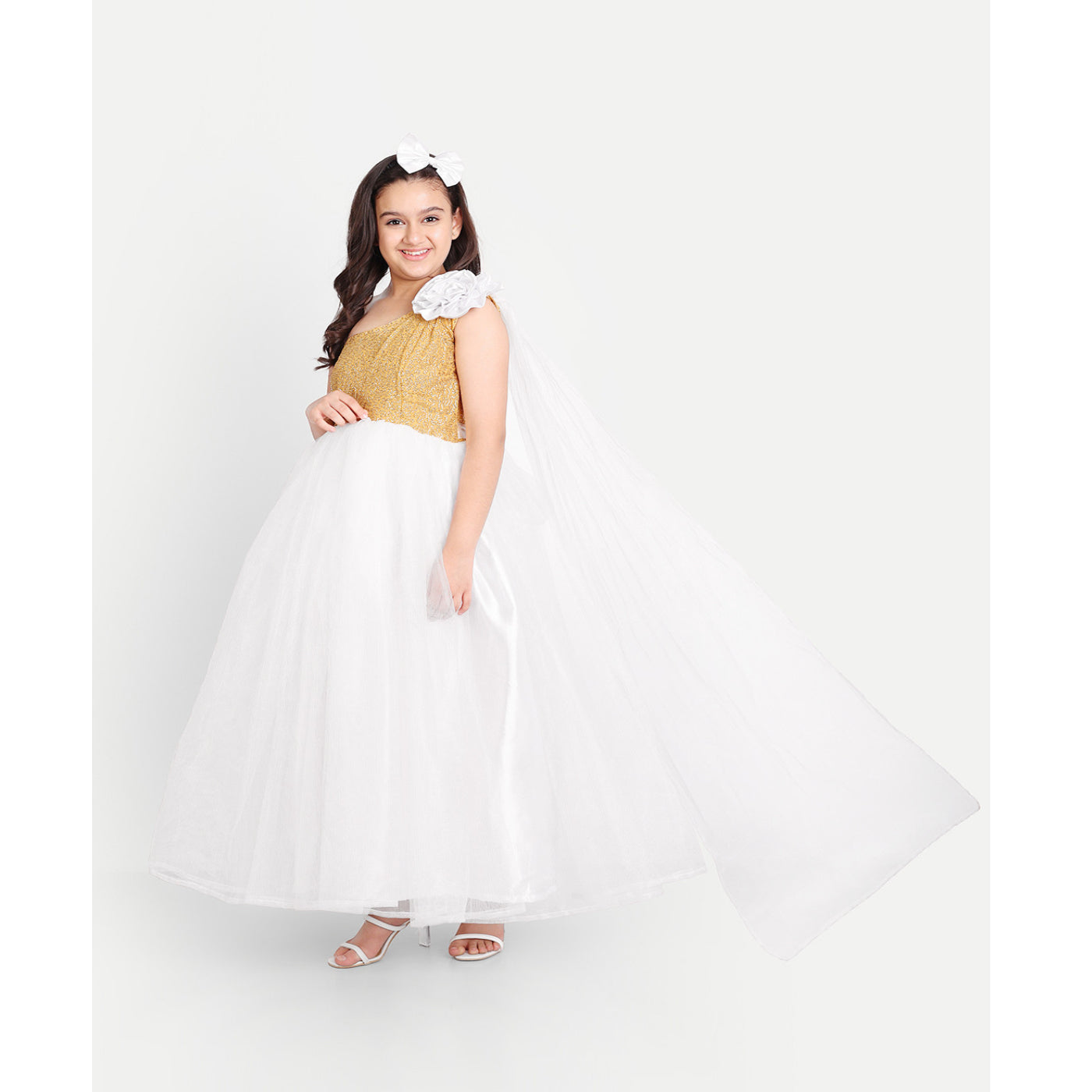 White & Gold One-Shoulder Princess Gown for Girls with Sequin Bodice