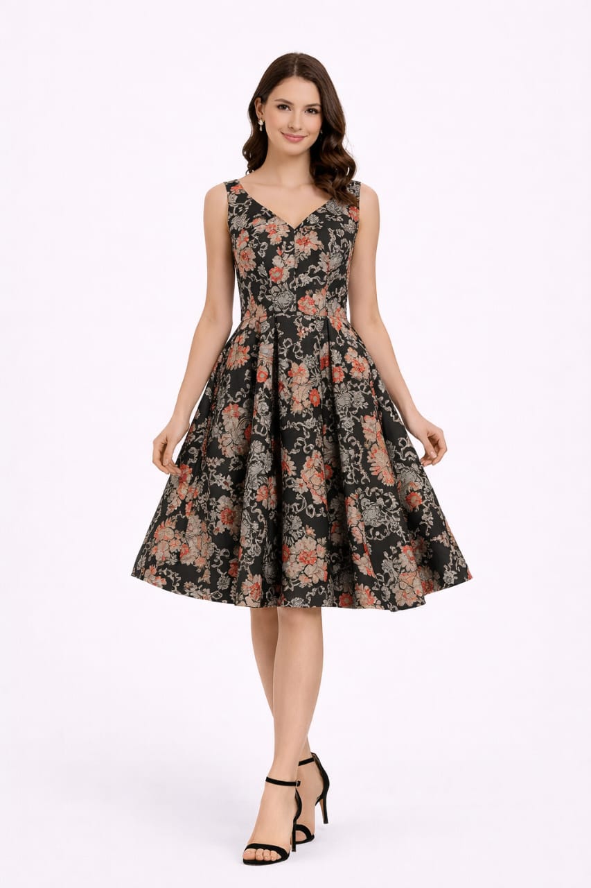 Elegant Women Floral Printed Sleeveless Satin Knee-Length Dress – Chic Casual & Party Wear multicolor