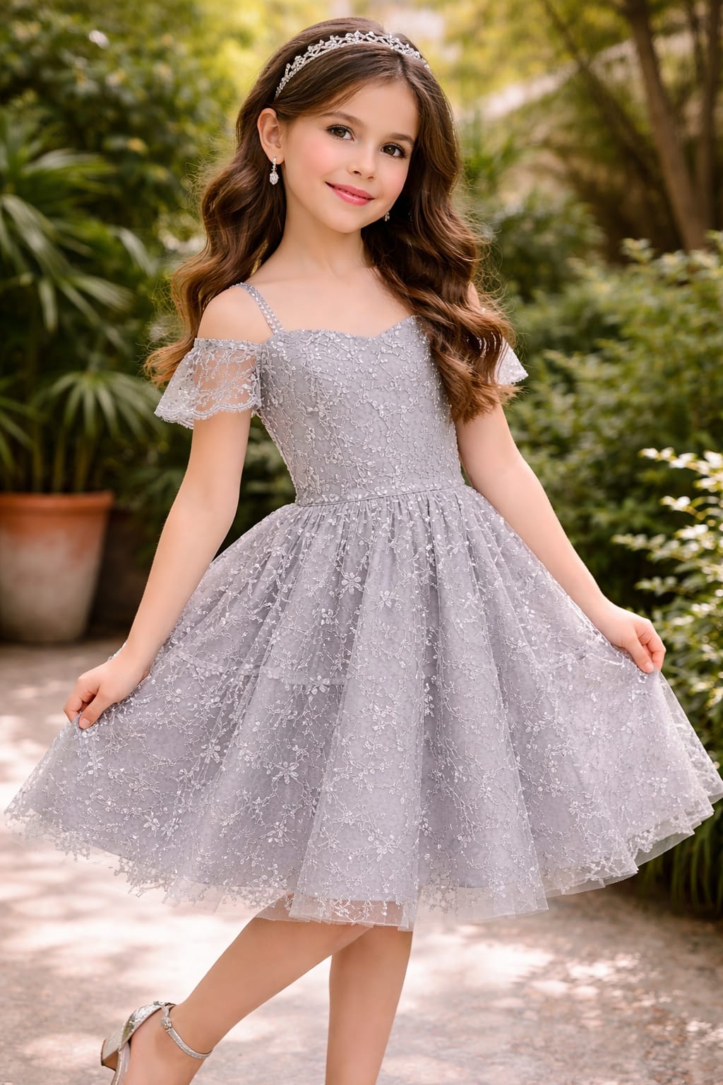 Silver Grey Lace Princess Party Dress for Girls