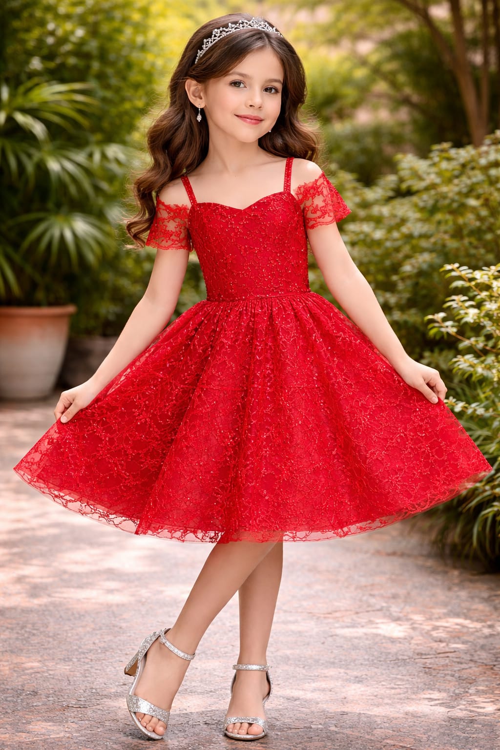Elegant Red Lace Princess Party Dress for Girls