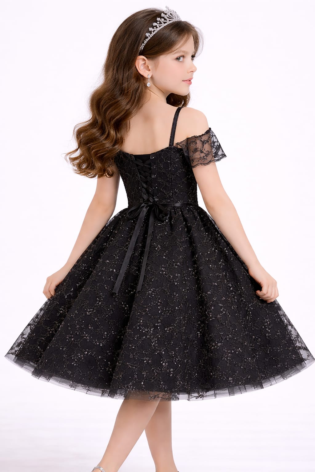 Elegant Black Glitter Lace Party Dress for Girls