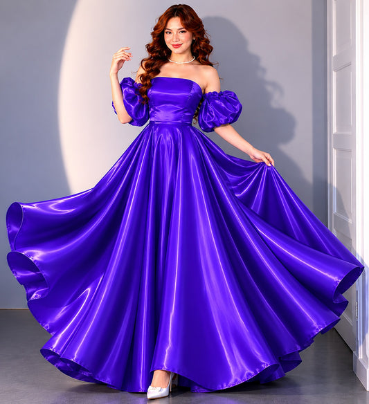 Women's Royal Purple Off-Shoulder Puff Sleeve Satin Ball Gown | Premium Evening Party Wear Maxi Dress