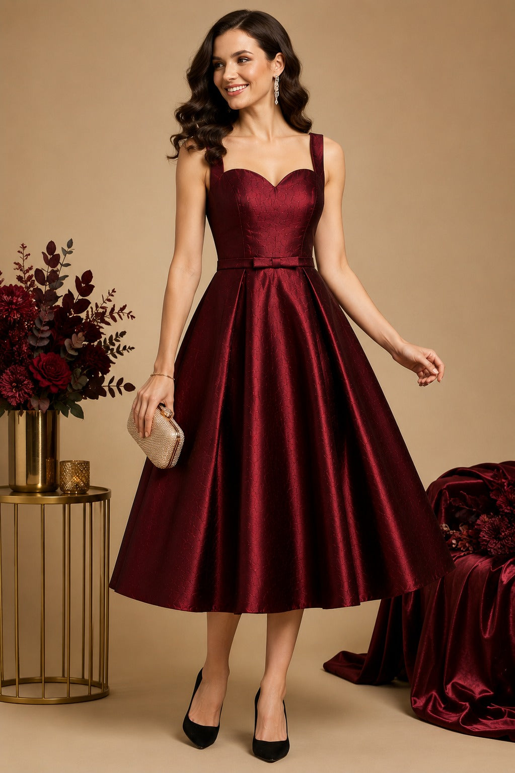 Women's Wine Satin Fit & Flare Midi Dress | Sweetheart Neck A-Line Party Wear Dress