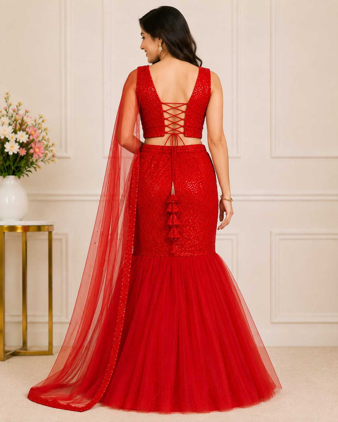 Women's Red Embroidered Mermaid Lehenga Set with Sleeveless Blouse & Net Dupatta | Party Wear Ethnic Wear