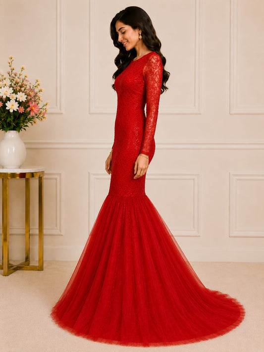 Women's Red Embroidered Mermaid Gown with Full Sleeves| Designer Party Wear Ethnic Dress