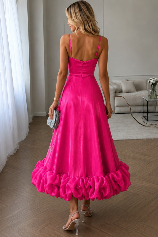 Women's Hot Pink Satin Maxi Dress | Spaghetti Strap Fit & Flare Evening Gown with Statement Ruffle Hem