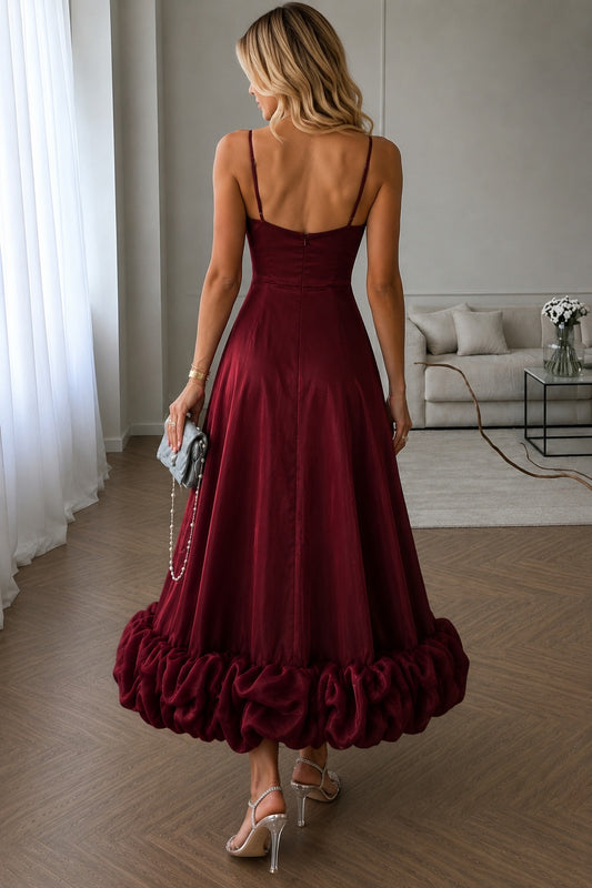 Women's Wine Satin Maxi Dress | Spaghetti Strap Fit & Flare Evening Gown with Statement Ruffle Hem
