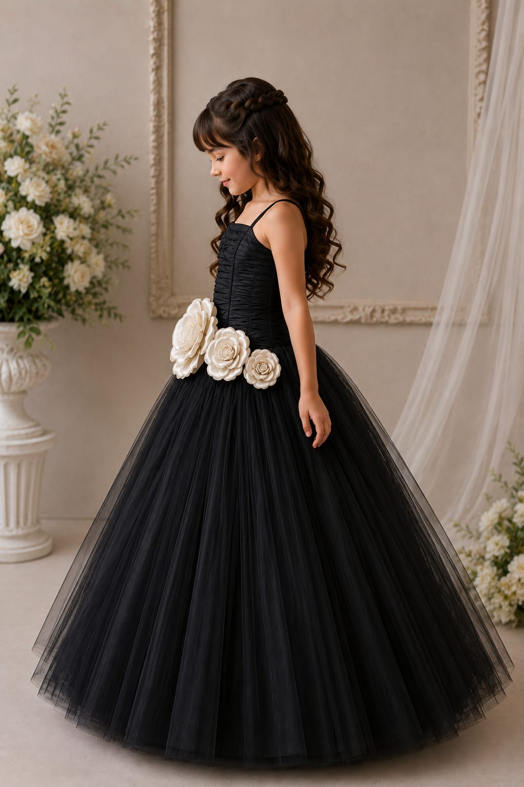 Girls' Black Tulle Ball Gown Dress with Ivory 3D Floral Waist Detailing |