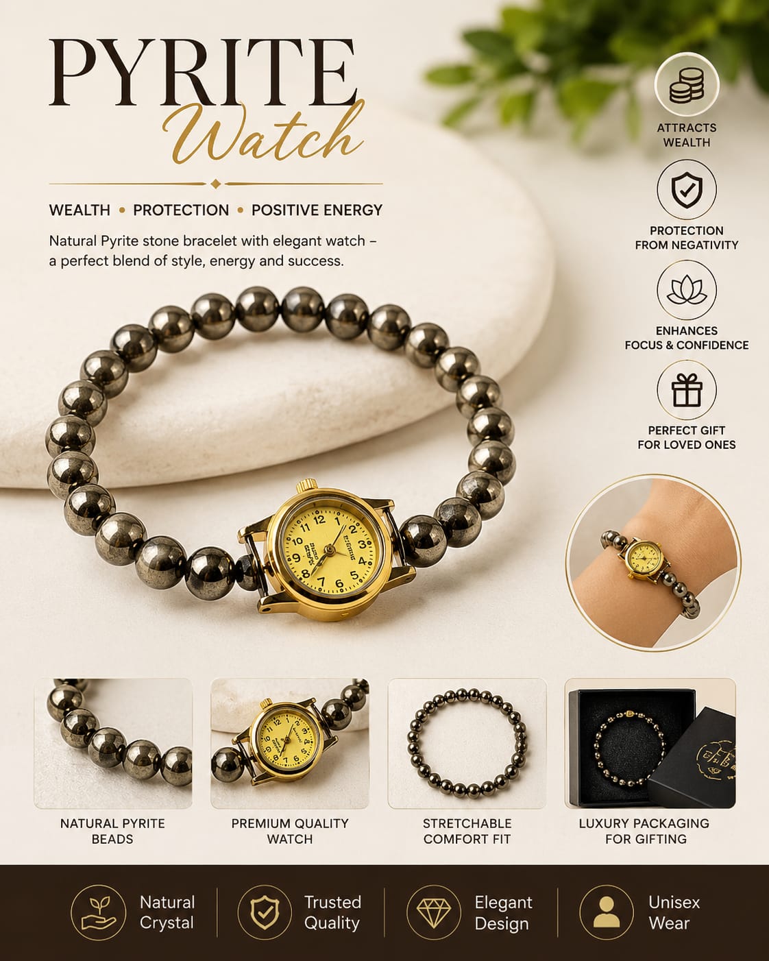 Tilism Pyrite Stone Watch | Elegant Quartz Analog Watch