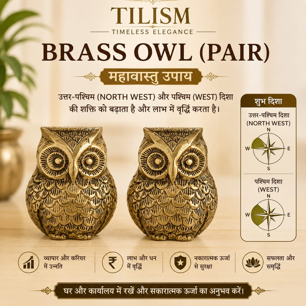 Brass Owl Figurines Pair | Decorative Home Décor | Tilism