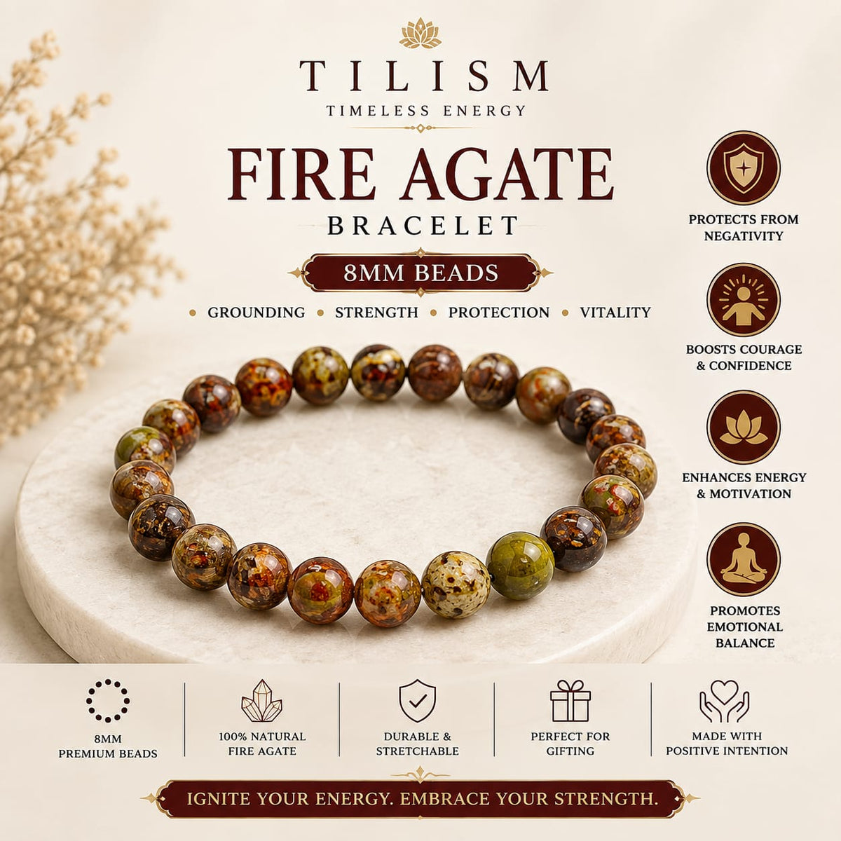 Tilism Fire Agate Beads Bracelet | 8 mm Natural Stone