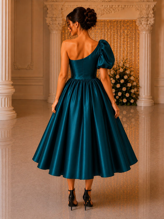 Teal One Shoulder Dress for Women | Glass Satin Party Wear
