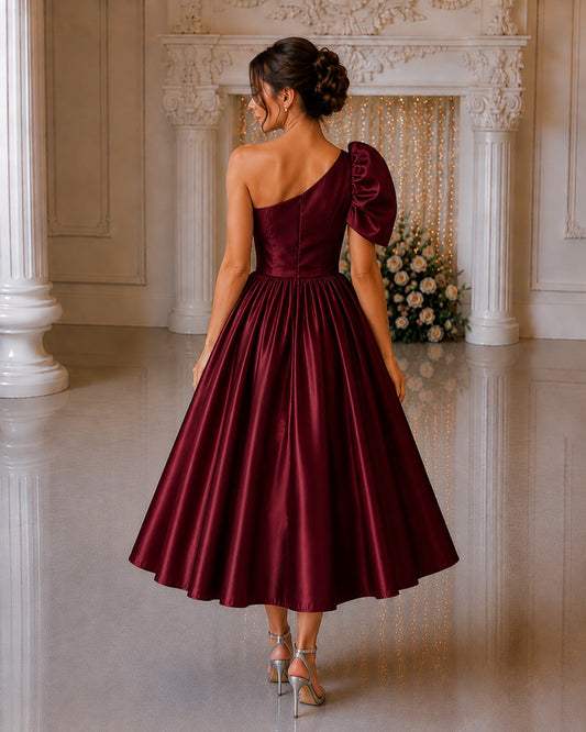 Burgundy One Shoulder Dress for Women | Glass Satin Party Wear