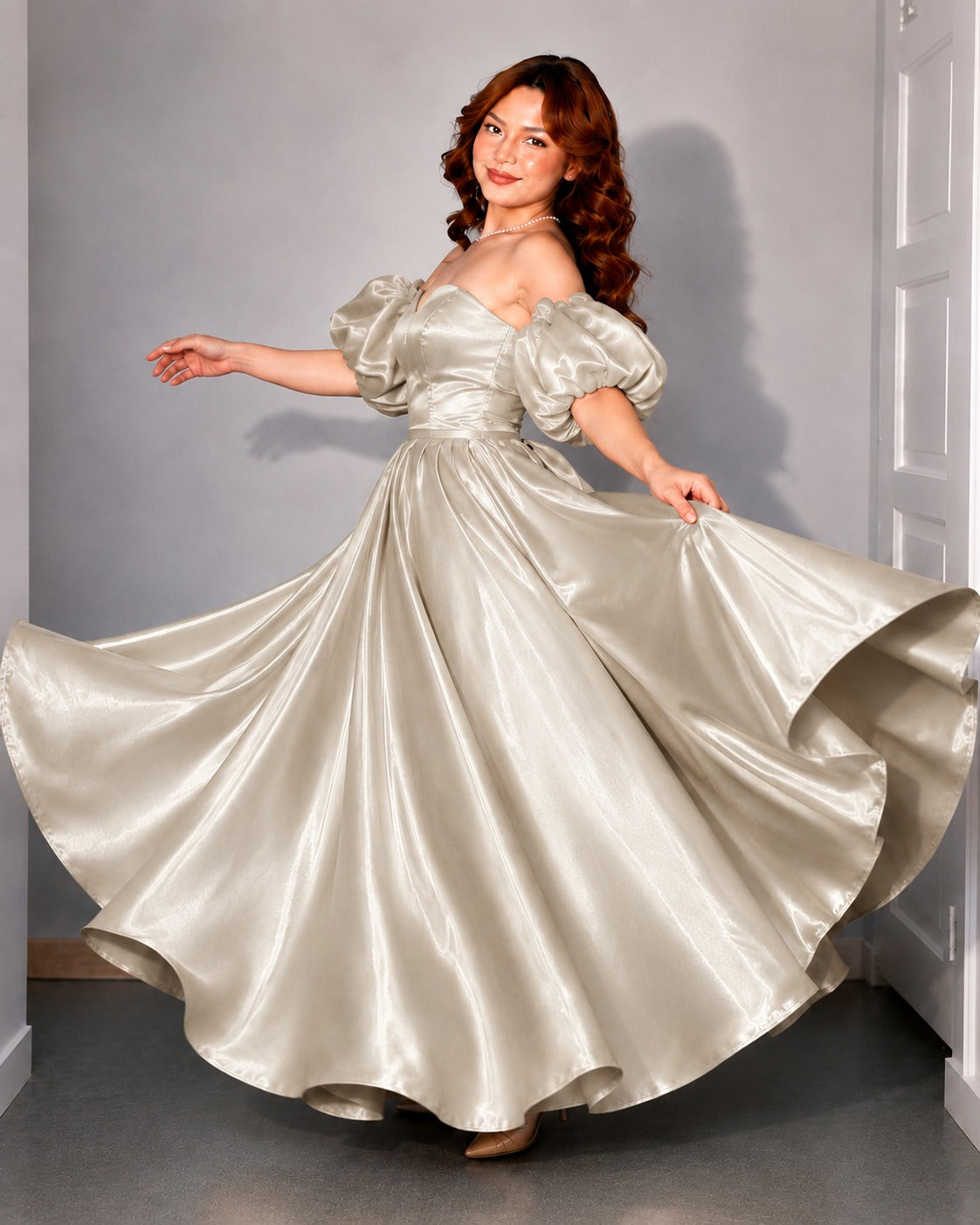 Champagne Detachable Off Shoulder Gown for Women | Floor Length Dress