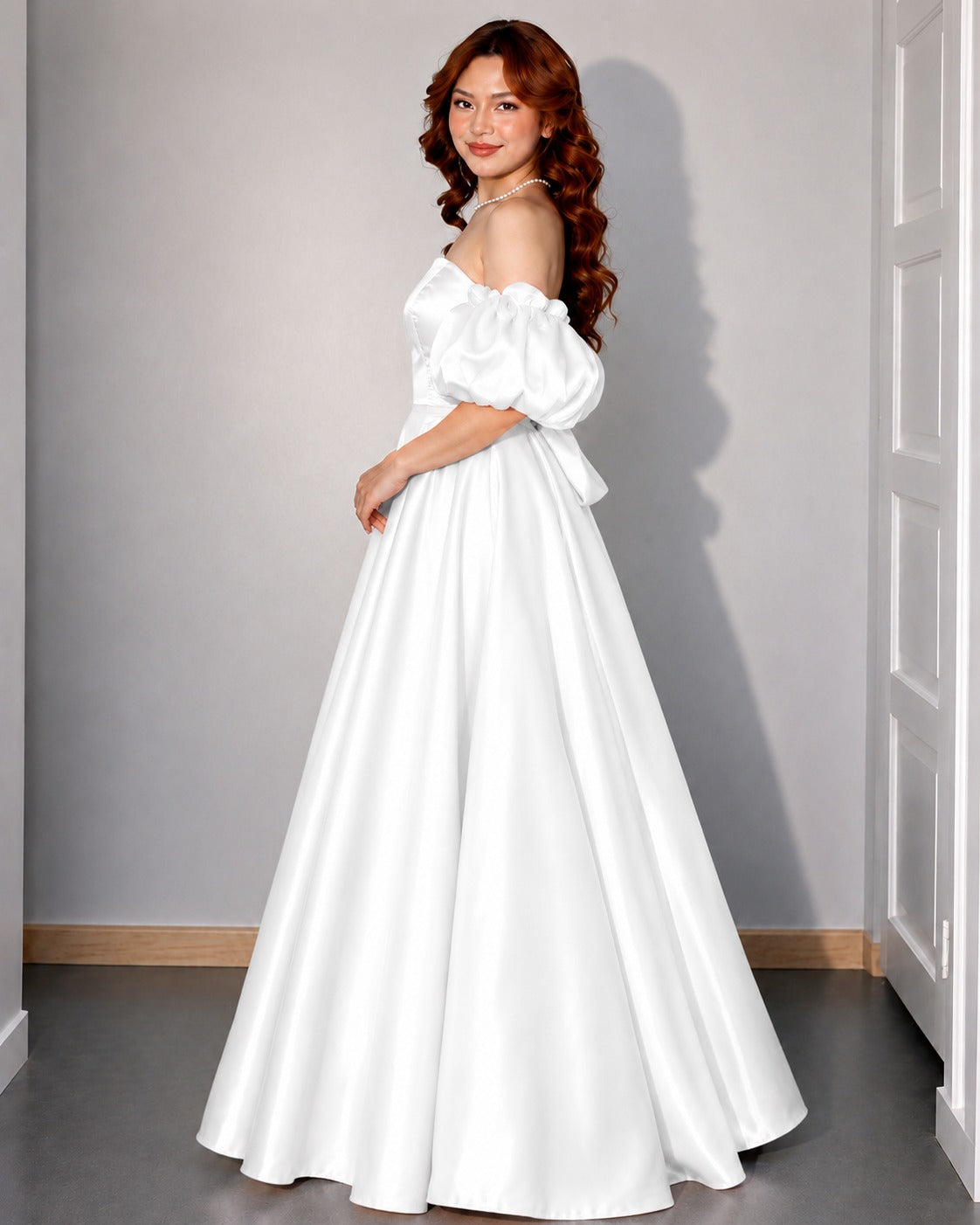 Women’s White Glass Satin Gown | Off Shoulder Party Dress