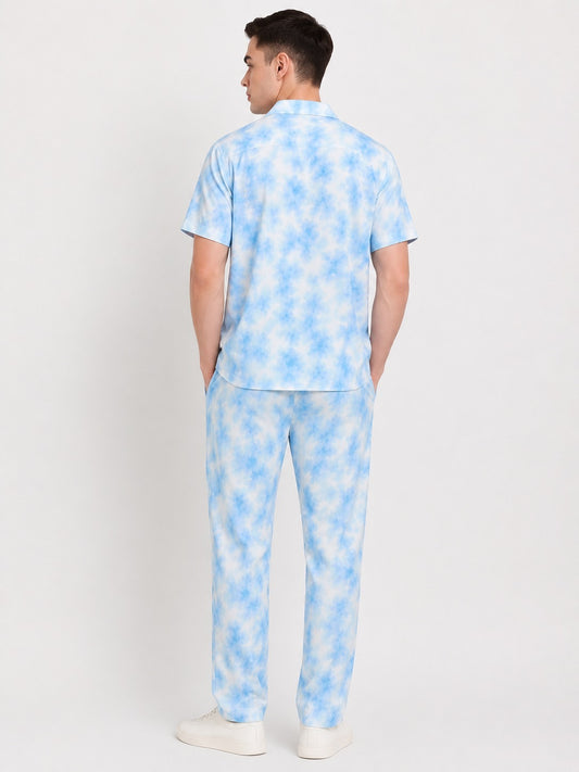 Men’s Blue & White Cloud Tie-Dye Set | Cotton Casual Wear