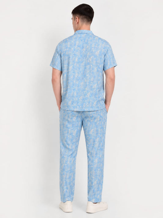 Men’s Light Blue Floral Co-ord Set | Cotton Ditsy Print Outfit