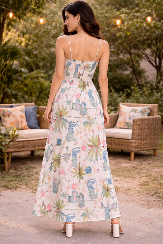 Ivory Tropical Print Slit Maxi Dress for Women