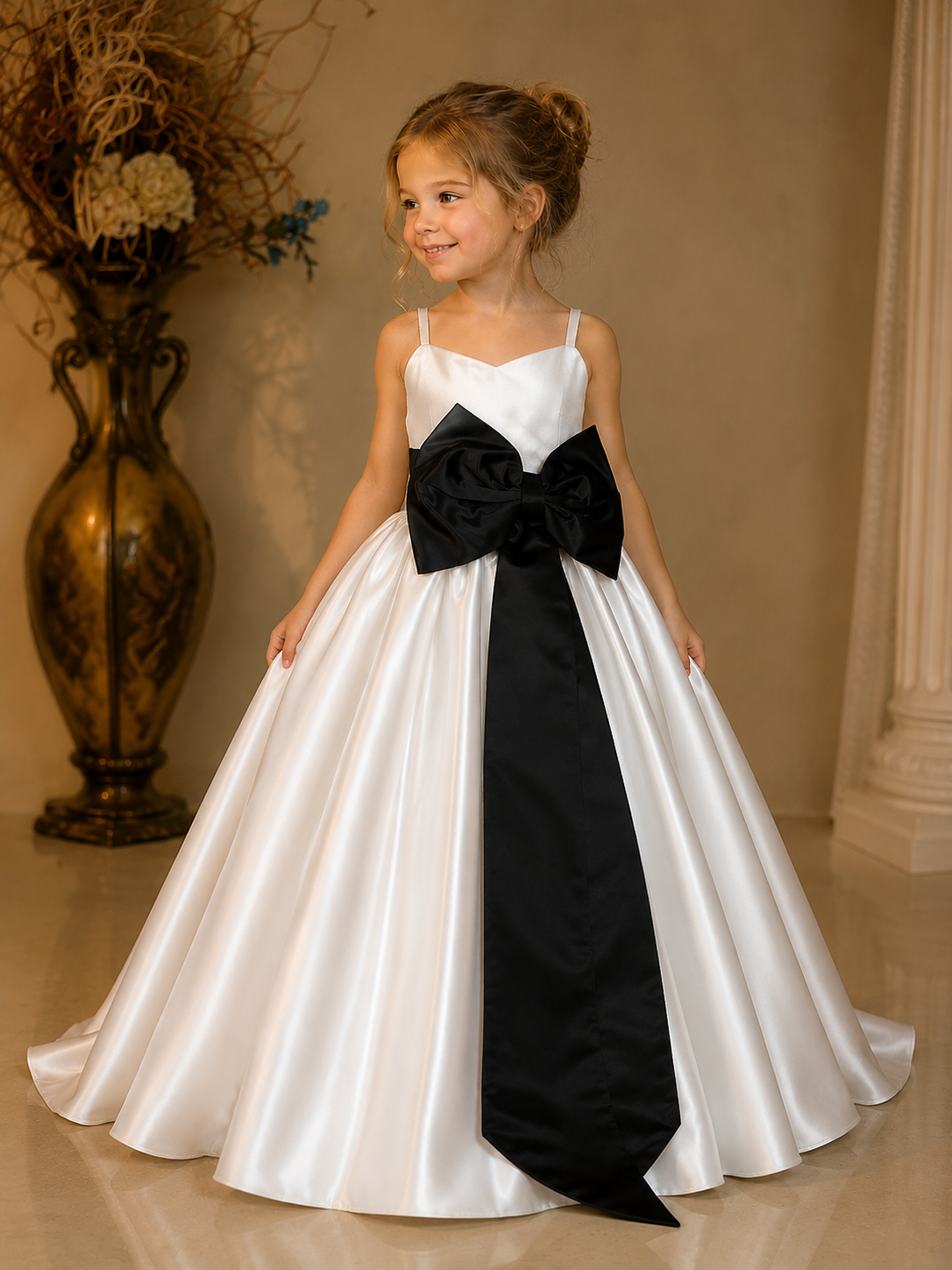 Ivory Elegance Satin Princess Gown with Statement Black Bow
