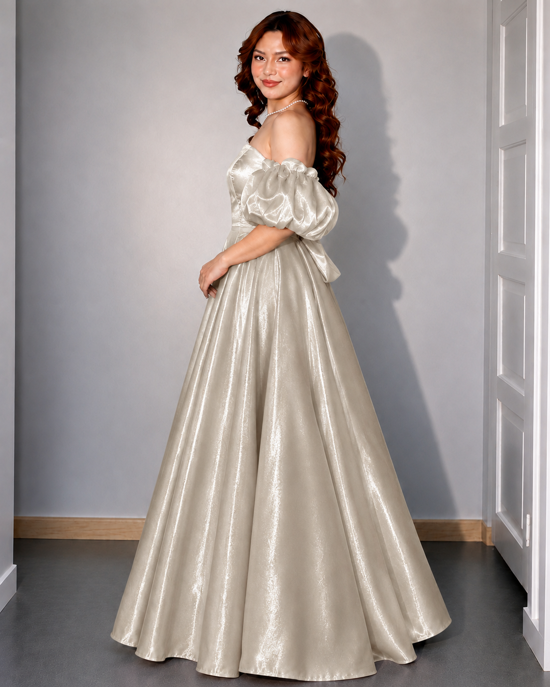 Ivory Satin Off-Shoulder Puff Sleeve Maxi Gown