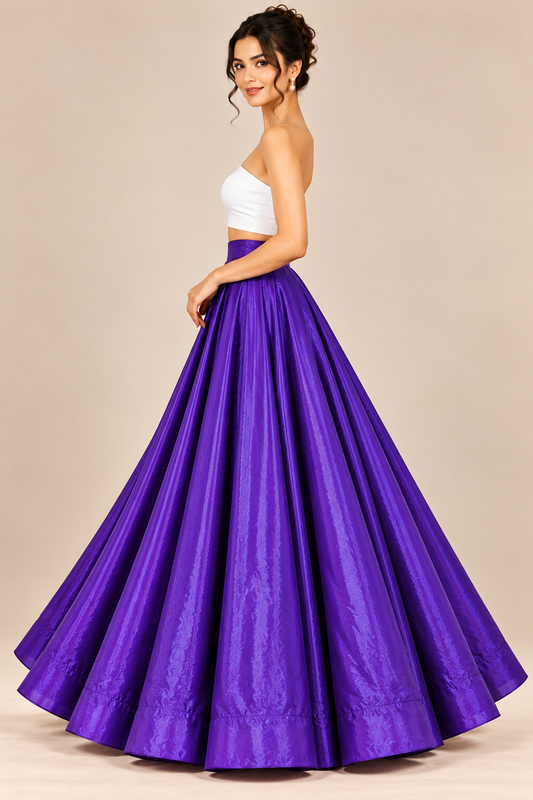 Women’s Royal Purple Glass Satin Flared Maxi Skirt | High-Waist Pleated Full-Length Skirt for Party & Festive Wear