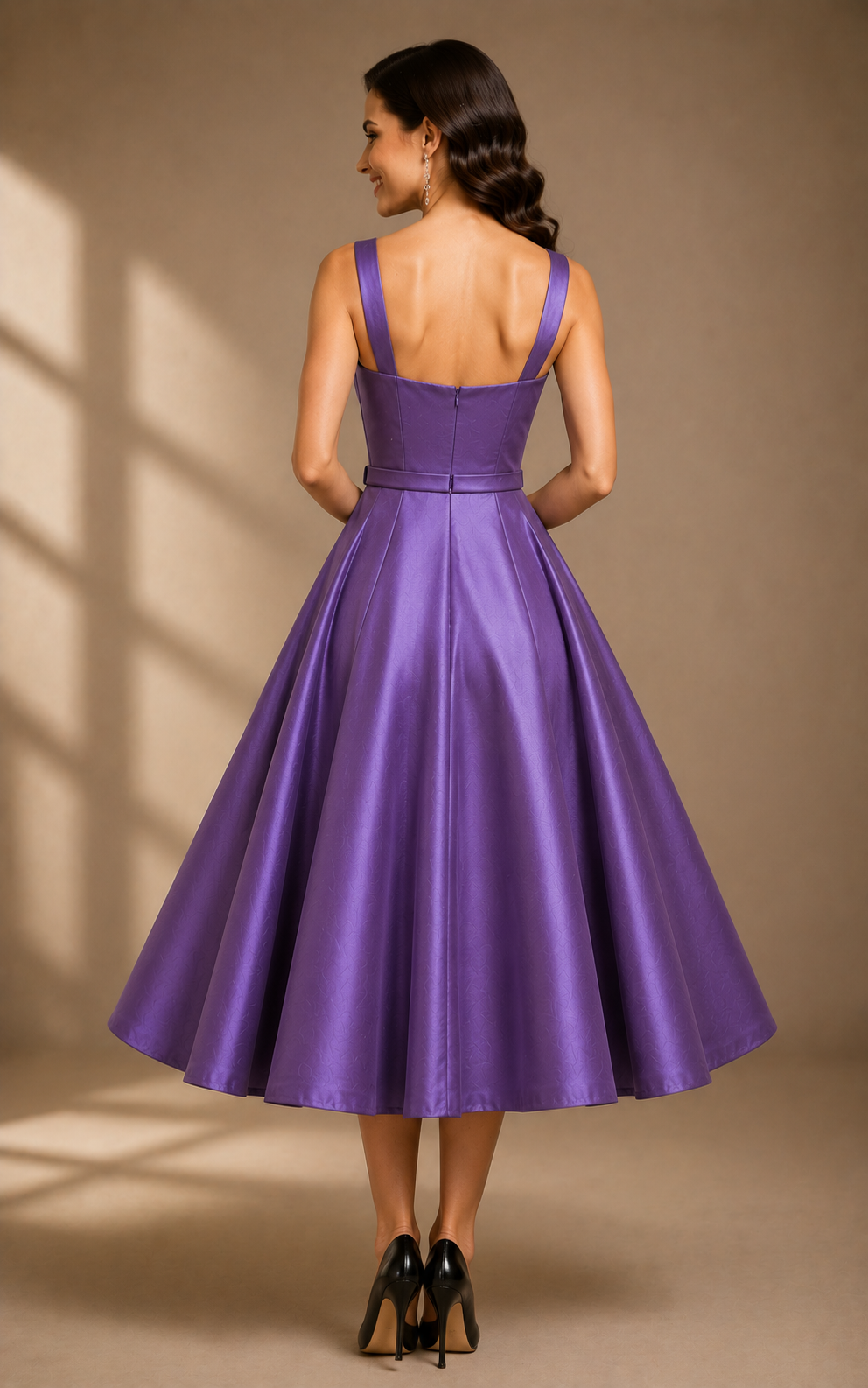 Women's Royal Purple Satin Fit & Flare Midi Dress | Sweetheart Neck A-Line Party Wear Dress