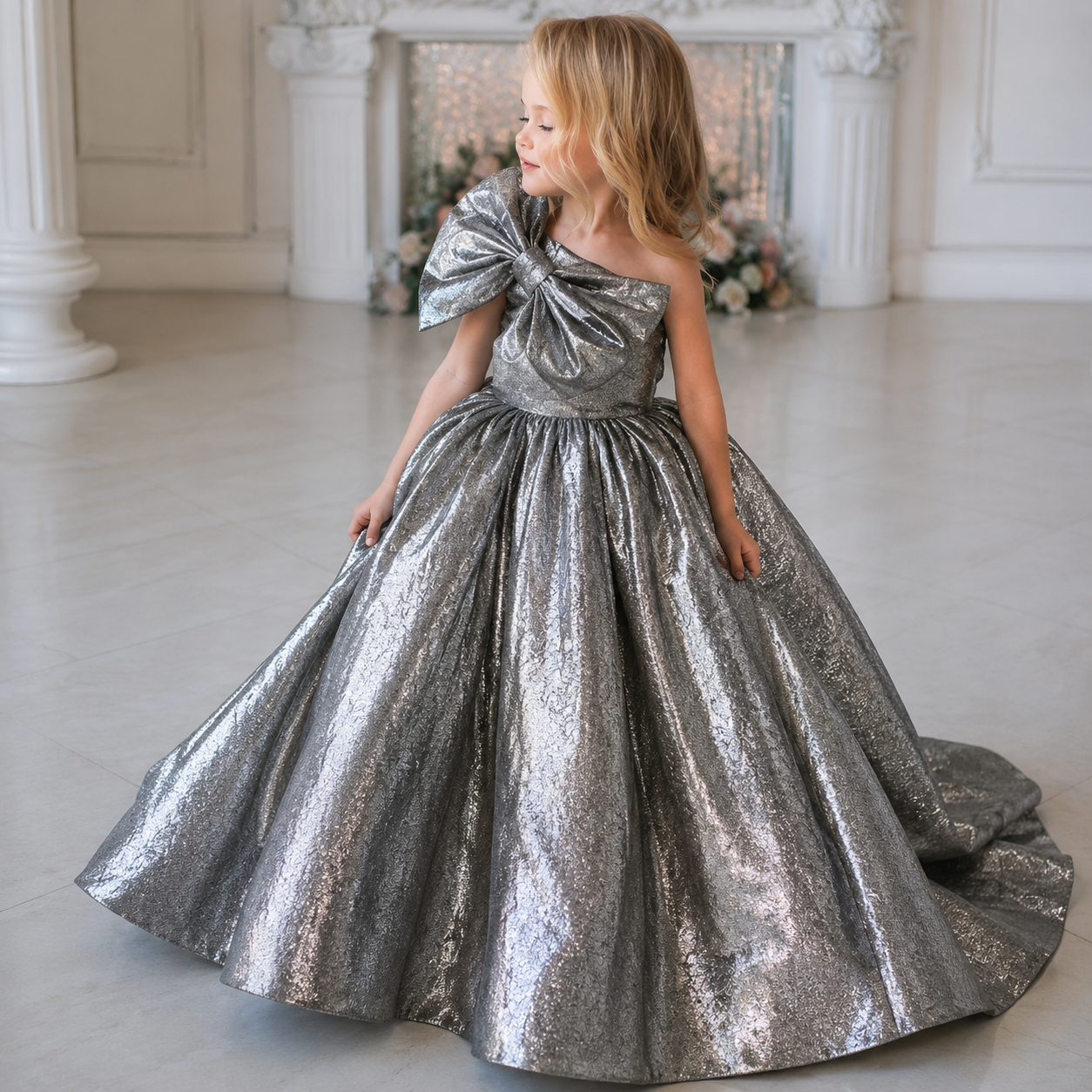 Platinum Pearl One-Shoulder Bow Princess Ball Gown