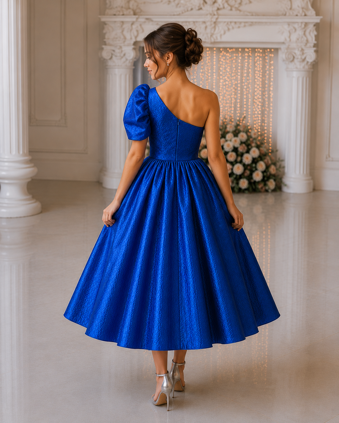 Royal Sapphire One-Shoulder Midi Party Dress for Women