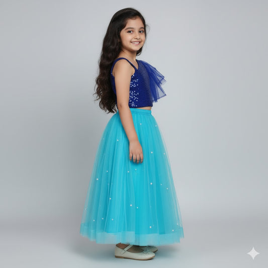 Girls Royal Blue Sequin Top with Sky Blue Net Lehenga Set