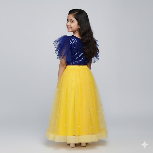 Girls Navy Blue Sequin Top with Yellow Net Lehenga Party Wear Set