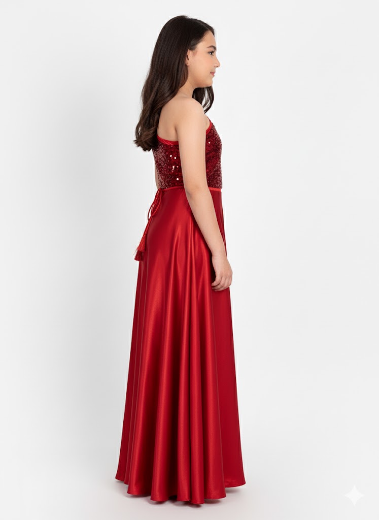 Girls Red One-Shoulder Sequin Party Gown