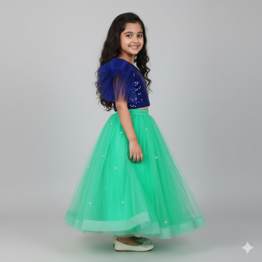 Royal Blue & Mint Green Sequin Party Wear Lehenga Set for Girls
