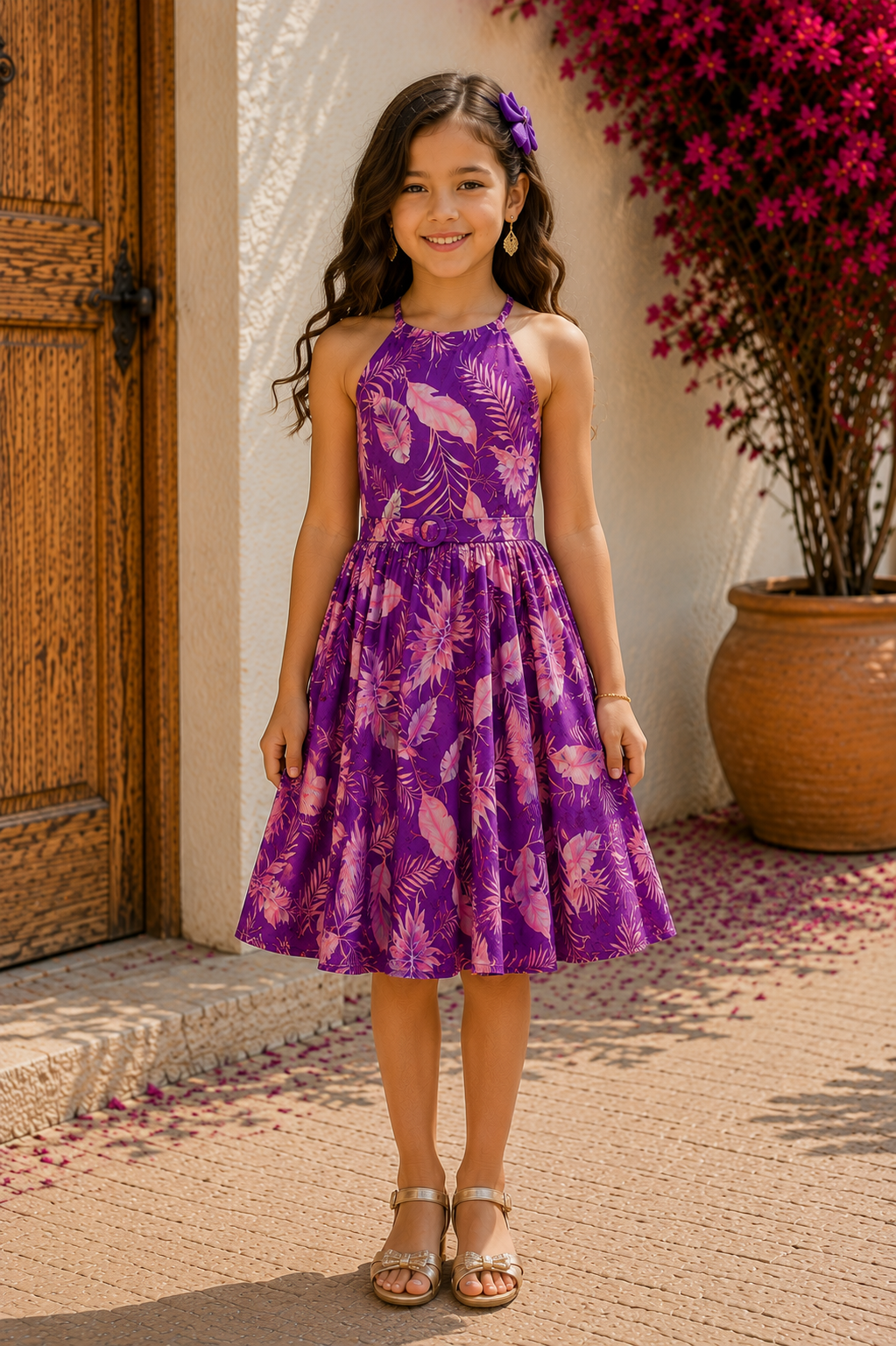 Girls Purple Floral Printed Sleeveless Halter Neck Fit & Flare Dress