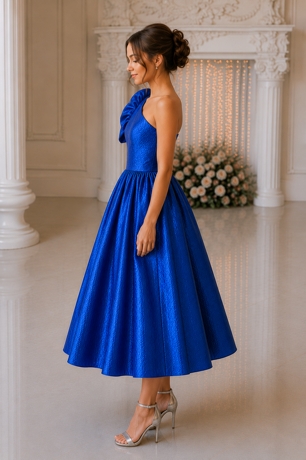 Royal Sapphire One-Shoulder Midi Party Dress for Women