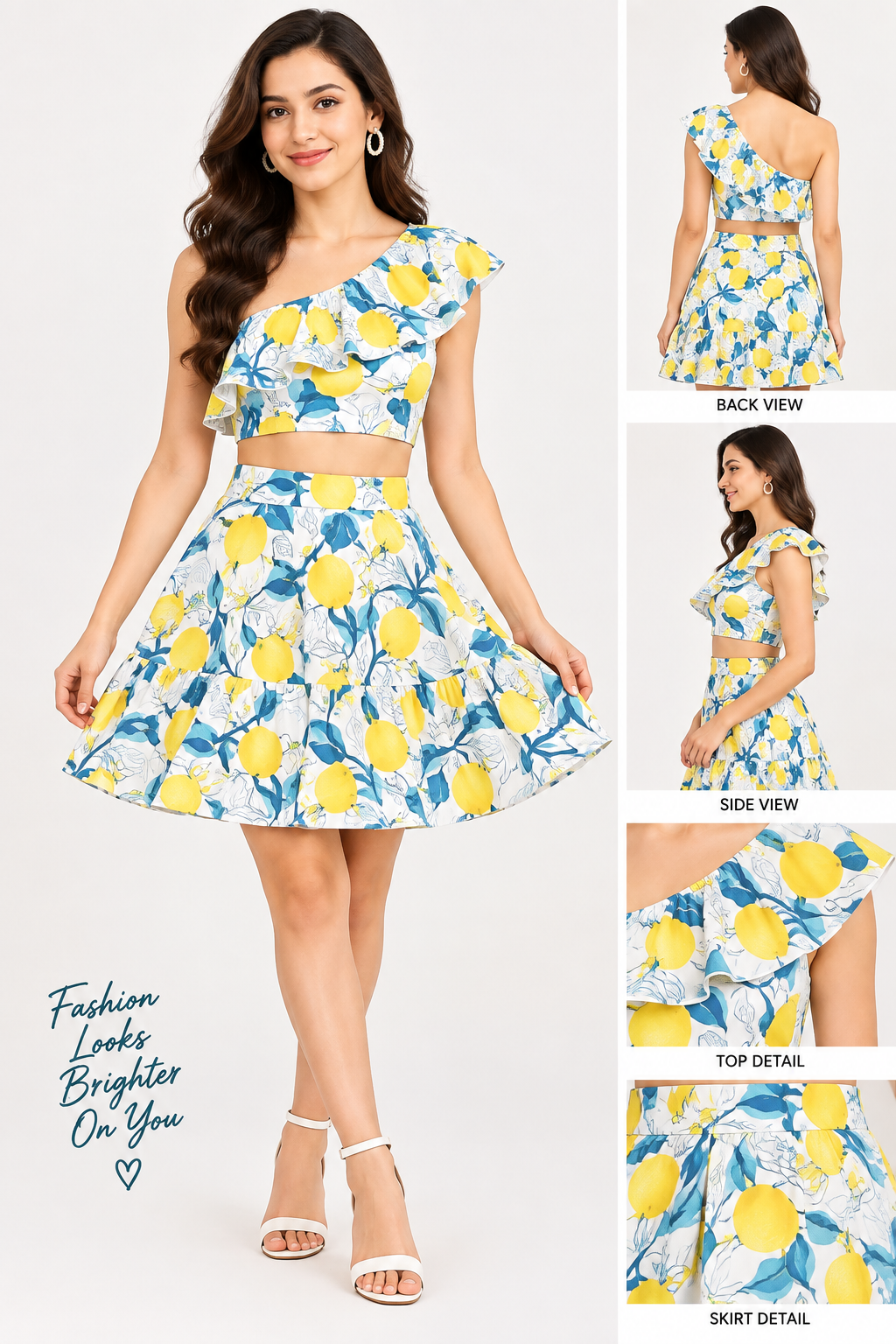 Lemon Print Crop Top & Skirt Set for Women | White Cotton Co-Ord