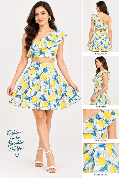 Lemon Print Crop Top & Skirt Set for Women | White Cotton Co-Ord