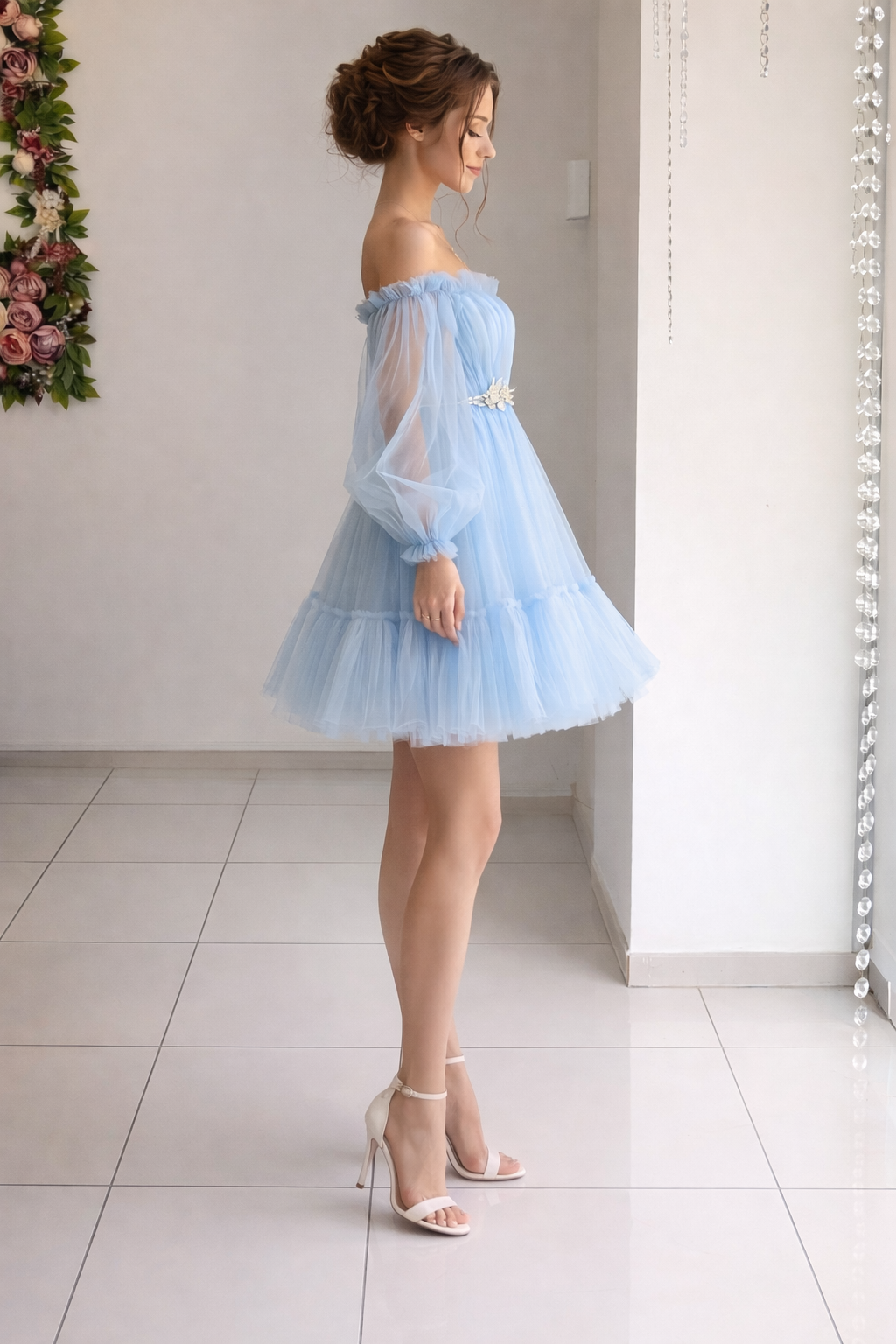 Women’s Dreamy Sky Blue Tulle Off-Shoulder Party Mini Dress