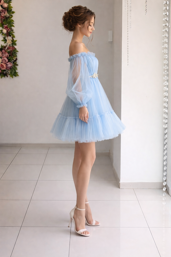 Women’s Dreamy Sky Blue Tulle Off-Shoulder Party Mini Dress