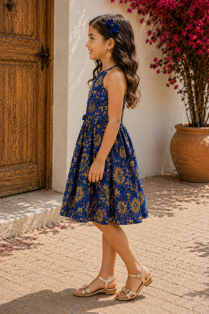 Metallic Gold Pattern Cotton Frock for Girls | Deep Blue Dress