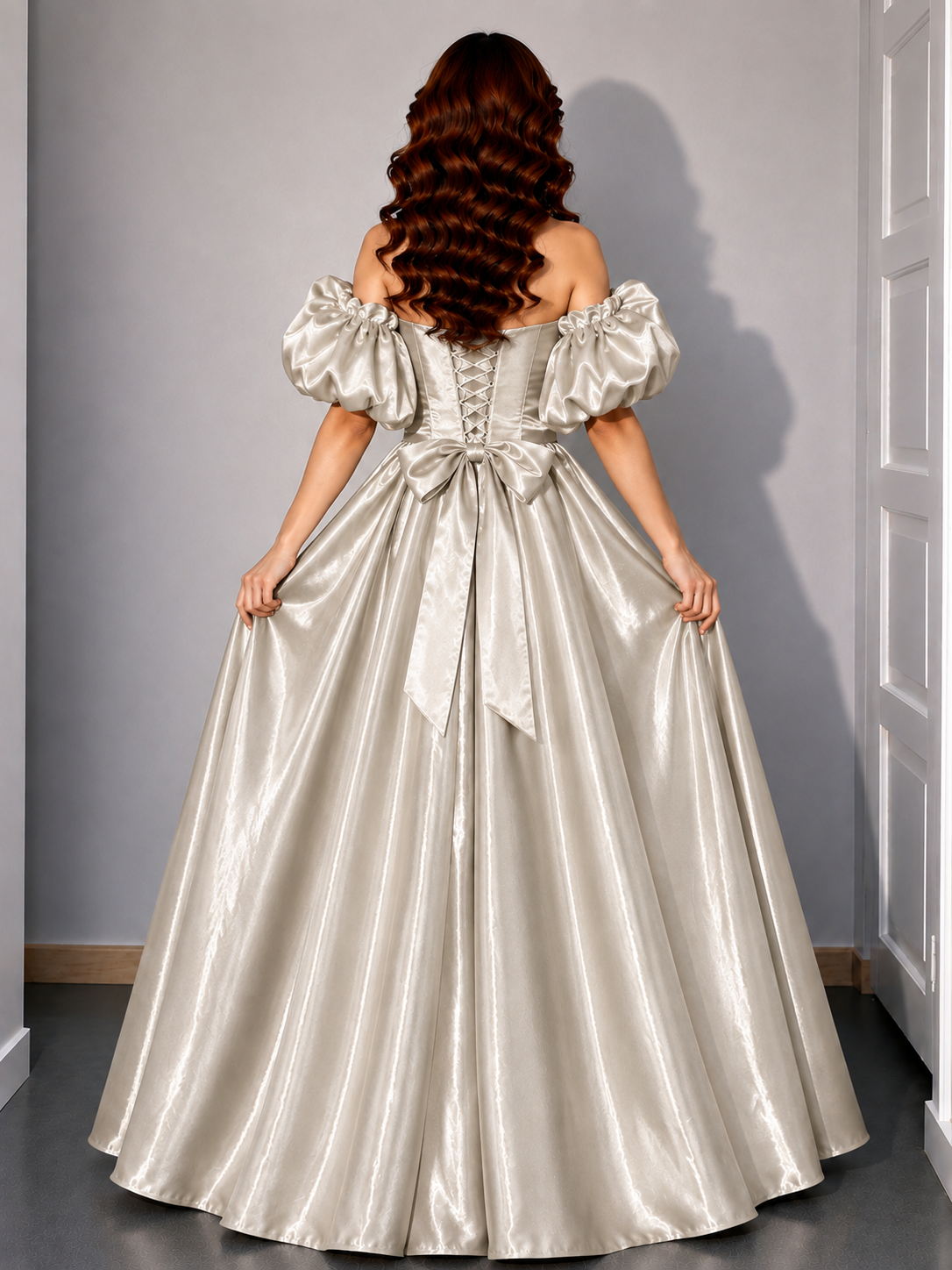 Ivory Satin Off-Shoulder Puff Sleeve Maxi Gown