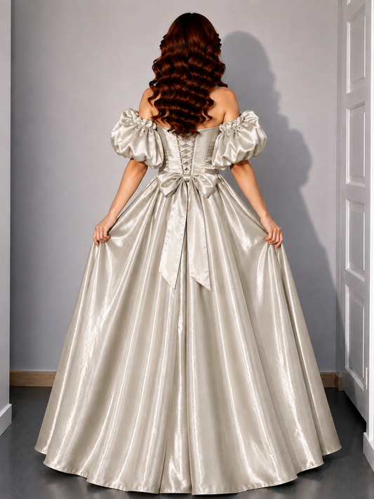 Ivory Satin Off-Shoulder Puff Sleeve Maxi Gown