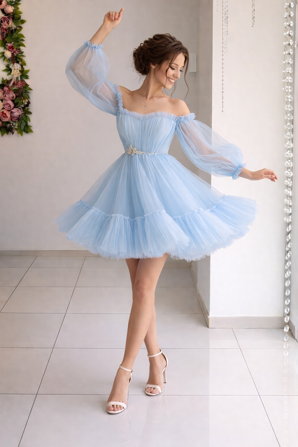 Women’s Dreamy Sky Blue Tulle Off-Shoulder Party Mini Dress