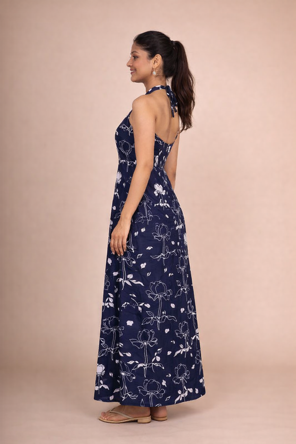 Women’s Navy Blue Floral Halter Neck Maxi Dress