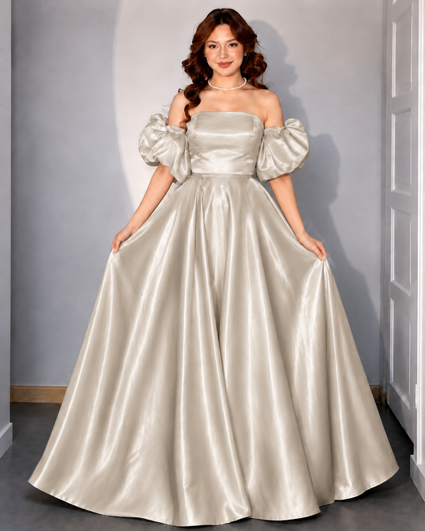 Ivory Satin Off-Shoulder Puff Sleeve Maxi Gown