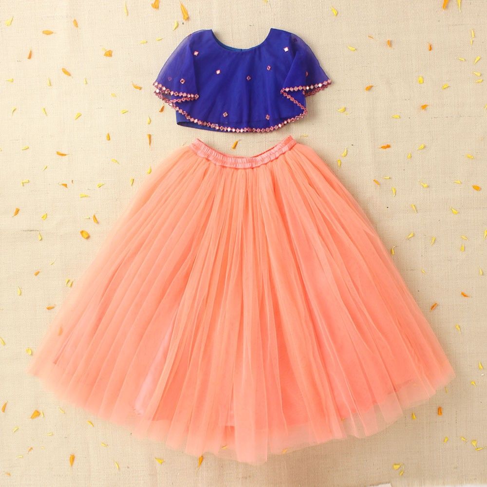 Girls Party Wear Set – Crop Top & Skirt Combo for Kids (Blue Peach)