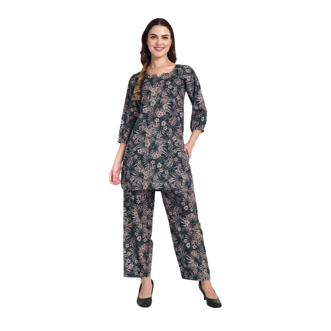 Elegant Women Co-ord Set – Stylish Matching Top & Bottom Outfit for Casual & Party Wear dark forest green